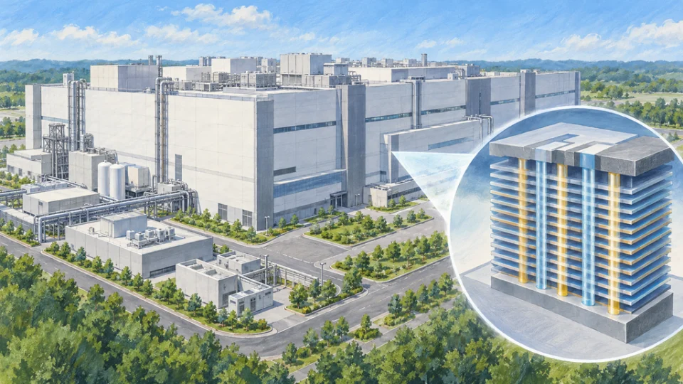 緑に囲まれた半導体製造棟の全景と、縦方向のチャネルが複数のメモリー層を貫く3Dフラッシュメモリーの模式的なカットアウェイ。