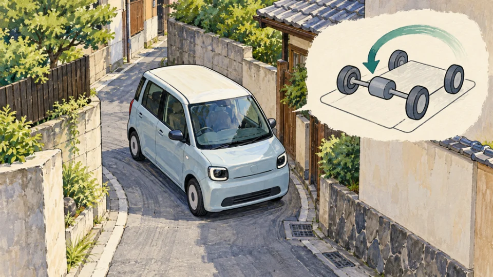 日本の住宅街の細い道を曲がる小型の軽乗用EV。横にはEV専用プラットフォームとeAxle、回生ブレーキを抽象的に示す線画が添えられている。