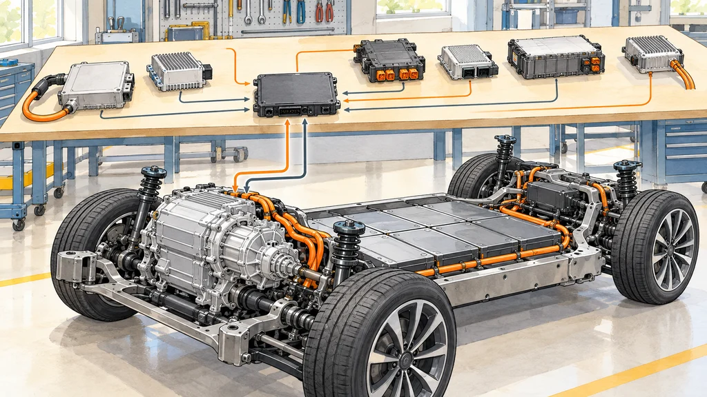 明るい工房で、モーター・減速機・インバーターを組み合わせたEV駆動ユニットを車体に搭載し、そばの作業台に並ぶ充電・電源管理モジュールと中央の制御器を図解したイラスト。