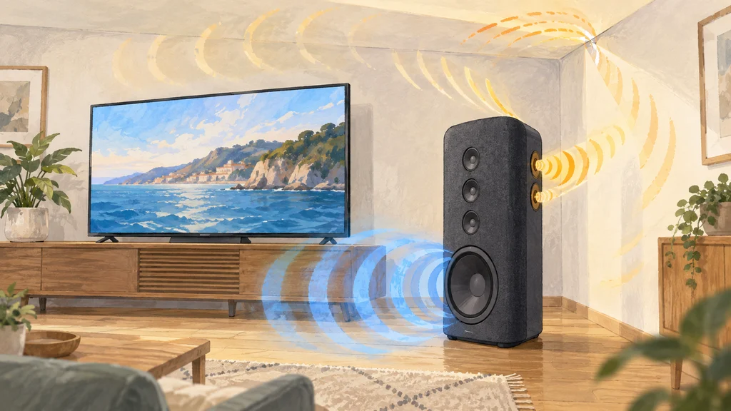 テレビの横に置かれた携帯スピーカー。前面の3基のトゥイーターは停止状態、背面の2基から出た高音は壁と天井に反射し、低音はウーファーで補強される構成を描いたイラスト。