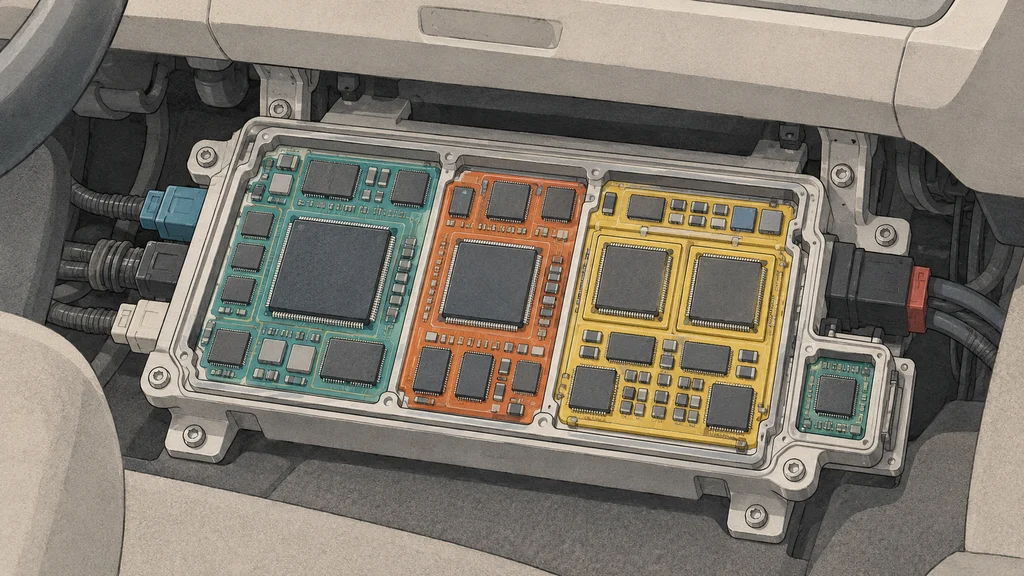 車内ダッシュボード下に収まる車載演算ユニットの編集イラスト。単一の半導体パッケージ内に色分けされた処理領域が並び、安全関連の冗長領域は独立したプロセッサや部品で示され、右側には拡張用の小型チップレットが描かれている。