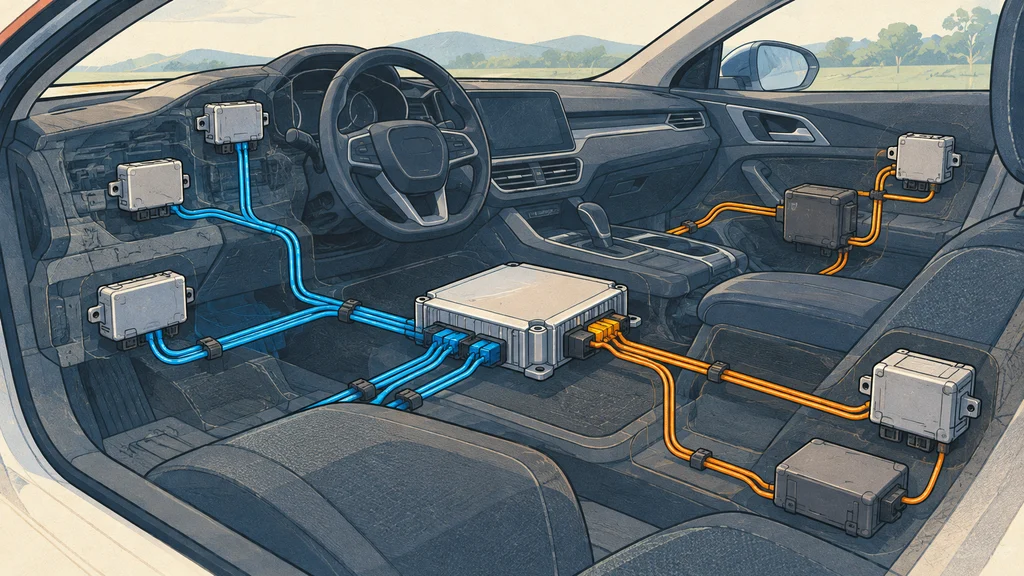 車内に配置された複数の汎用電子制御ユニットが、中央の制御器に青と橙の配線でつながり、新旧の車載通信を併用する構成を示す編集イラスト。