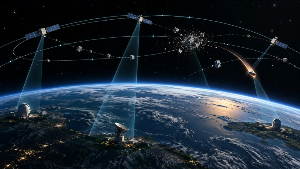 地球低軌道を周回する人工衛星とデブリを複数の観測拠点が追跡し、再突入物体と分裂事象を監視するイラスト