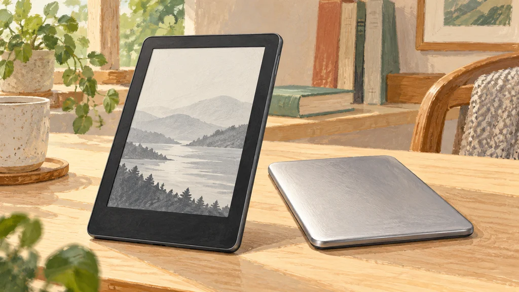 机上に並ぶ、前面がフラットな電子書籍リーダーとアルミニウム背面を見せた別モデルの編集イラスト