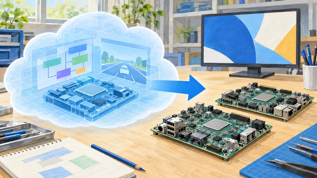 クラウド型の仮想環境で車載ソフトウェアを検証し、汎用の開発ボードへ展開する流れを描いた編集イラスト。