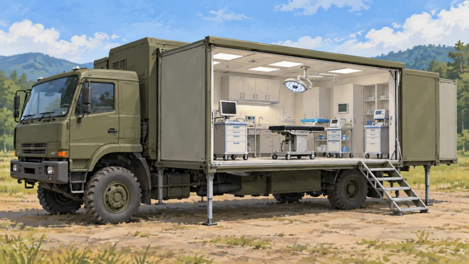 側面を展開した軍用トラック型の移動式手術室。車内には中央寄りに車輪付き医療機器が並び、野外に停車している。