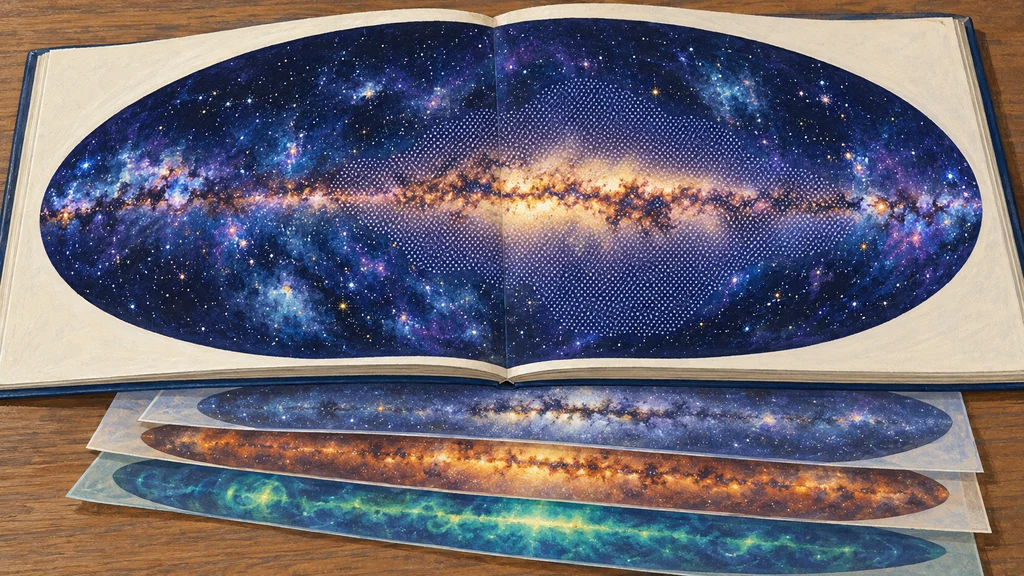 紫外線の全天図を開いた天体地図帳に描き、銀河面を含む推定領域を点描で示す。下には可視光・赤外線・電波の関連する全天図が重ねられている。