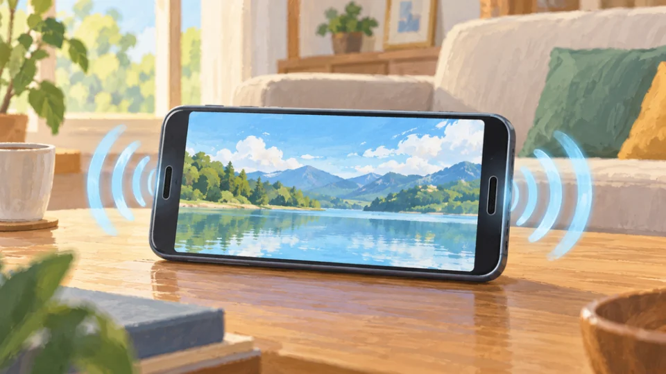 明るい室内のテーブルに横向きで置かれたスマートフォン。前面の左右のスピーカーから音の波が広がり、画面には風景動画が映っている。