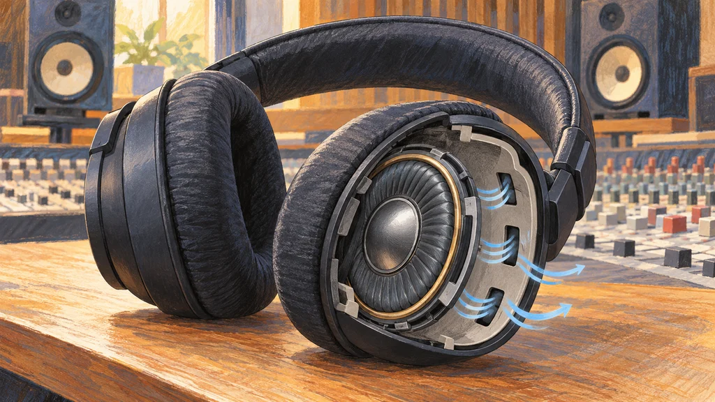 録音スタジオのミキサー脇に置かれた密閉型モニターヘッドホン。片側のカップを断面で示し、ドーム状の振動板と柔軟な外周、ハウジングの通気孔を青い流線で表した編集イラスト。