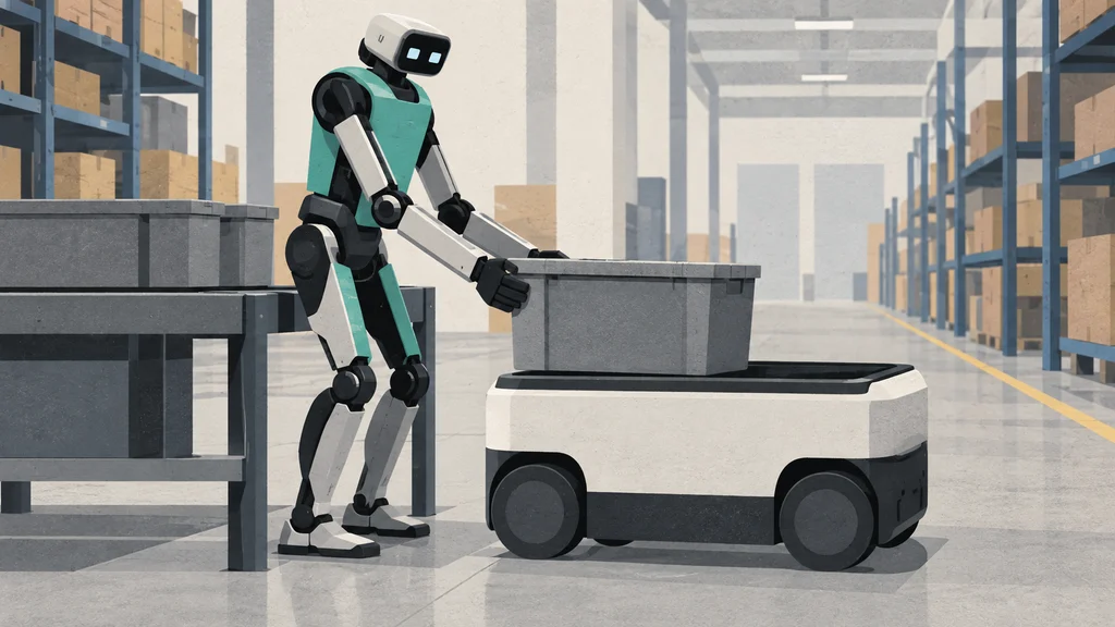 物流施設で人型ロボットDigitがトートを自律搬送ロボット（AMR）へ引き渡す場面