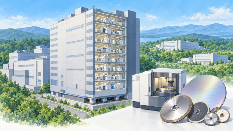 長野の新しい生産棟と半導体ウエハーの精密加工機、交換式の切断・研削ツールを描いた編集イラスト