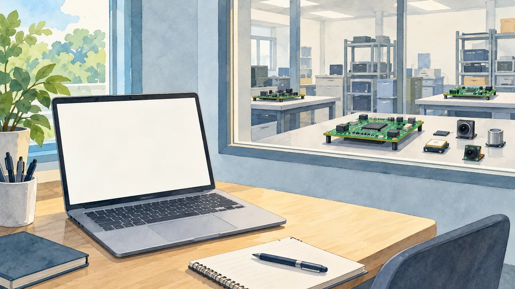 手前のノートPCと、窓の向こうの作業台に並ぶ評価ボードやセンサー、カメラモジュールを描いたイラスト。遠隔の実機でコードを試す場面を表す。