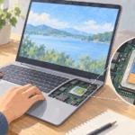 Intel Core Ultra Series 3を搭載したノートPCと、CPU・GPU・NPUを統合したプロセッサーの図解