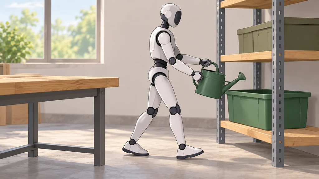 明るい作業室で、人型ロボットがじょうろを両手で持ち、棚の下段にある緑色の容器へ運んでいる編集イラスト。