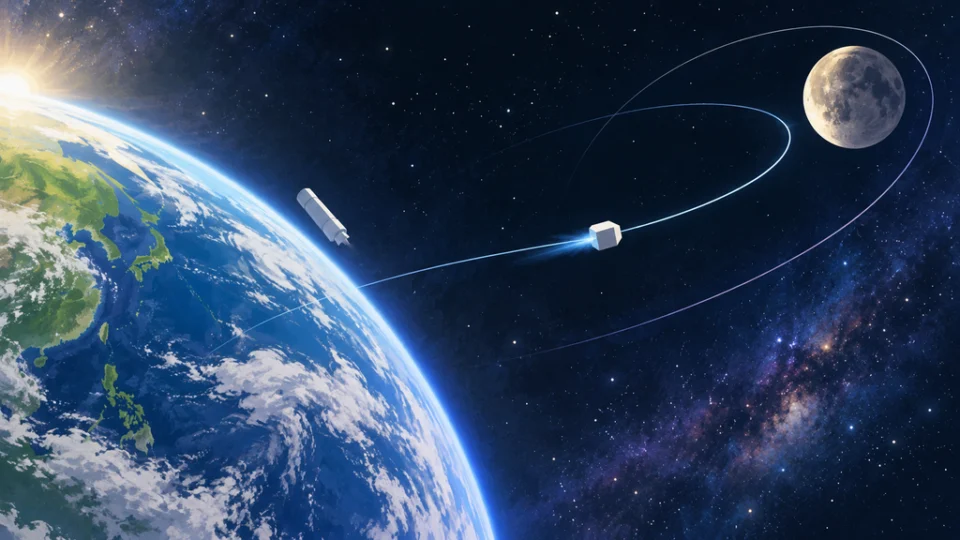 地球近傍でロケット段から離れた抽象的な小型宇宙機が、地球と月を結ぶ複数の軌道経路の間を移動する様子を描いた編集イラスト。