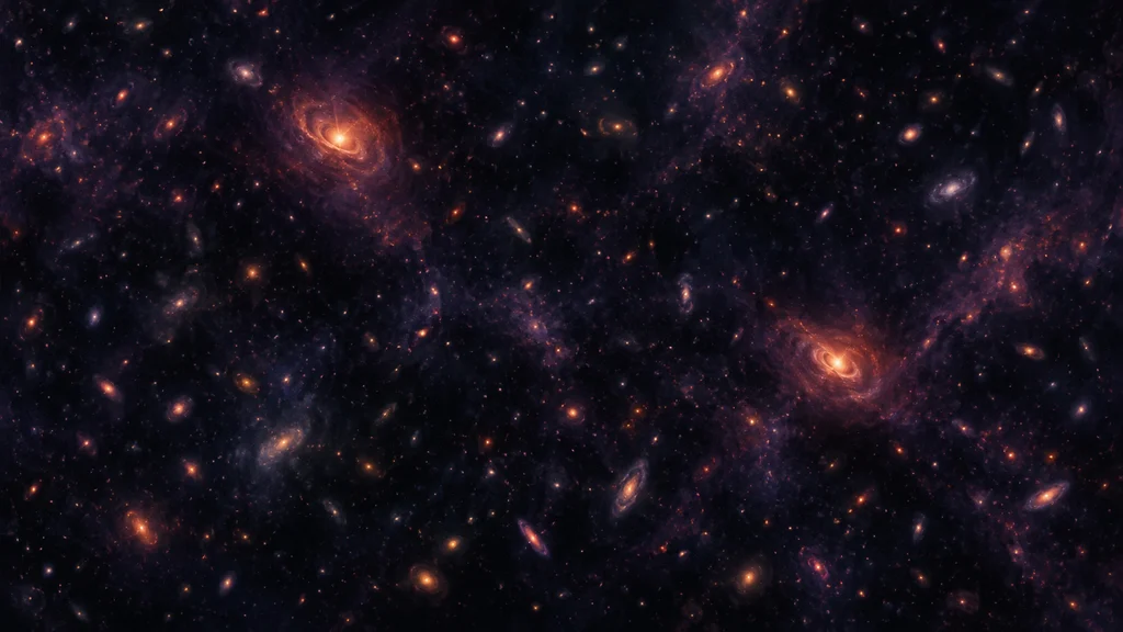 初期宇宙の暗い銀河群の中で、赤外線観測によって見いだされた2つの明るいクエーサーを描いた編集イラスト
