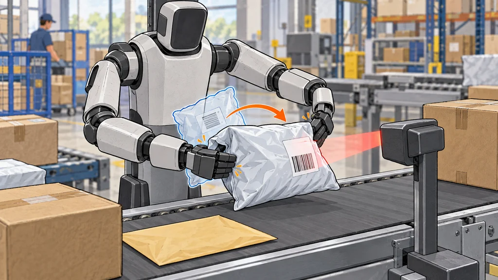 物流ロボットが柔らかい荷物をつかんで回し、バーコードをスキャナーへ向けるイラスト
