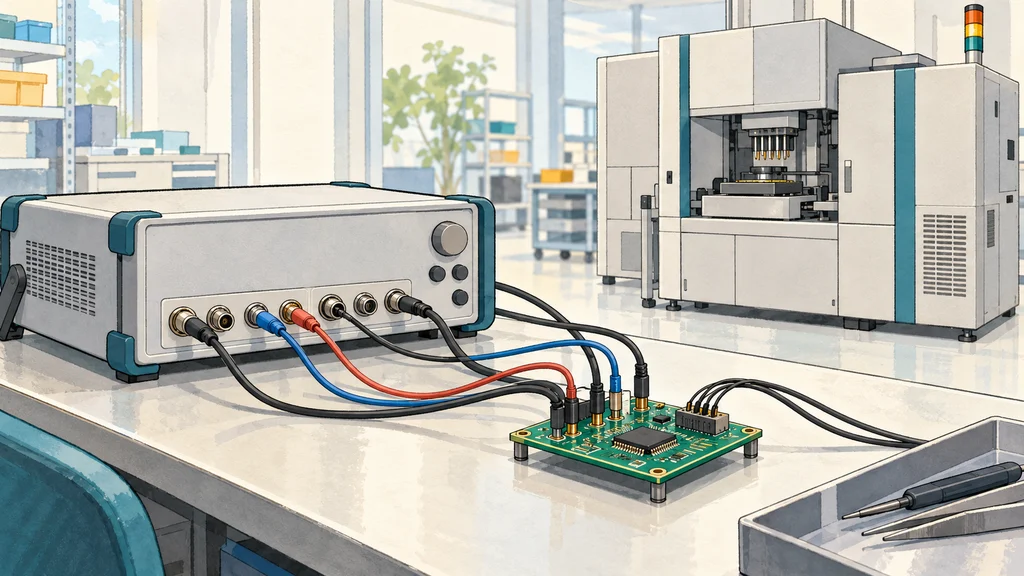 明るい作業台で、測定器につないだ半導体テスト基板を検証し、その奥に量産用テスト装置が見える編集イラスト。