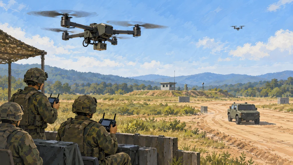 屋外の訓練場で兵士が操縦器を操作し、投下装置の付いた小型FPVドローンが走行車両の上空を飛ぶ。遠方には別の小型ドローンが見える。
