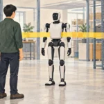 作業者の前に立つ人型ロボットを中心に、安全用タブレットと外部安全制御器を黄色い帯状の図解で結んだ倉庫内の編集イラスト
