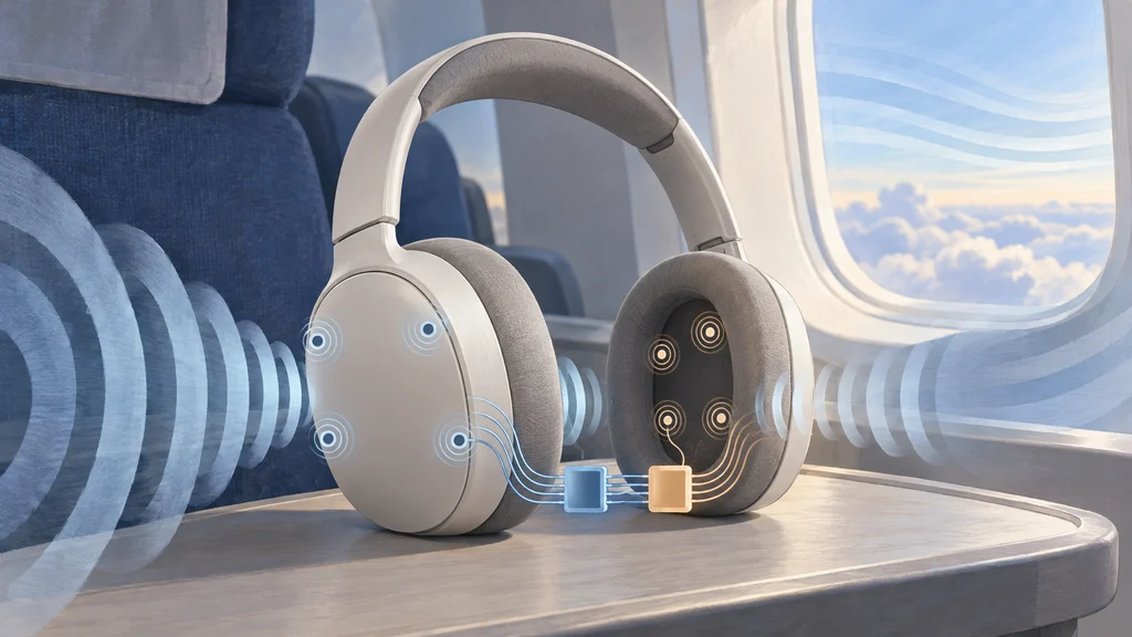 飛行機の窓辺に置かれた無銘の無線ヘッドホン。左右のイヤーカップに計8つのセンサーを示す印があり、下部の2つのプロセッサー図とつながっている。周囲から届く音の波がイヤーカップ付近で弱まる様子を描いたイラスト。