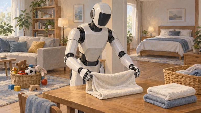 人型ロボットが家庭で両手でタオルを畳み、玩具の片付けとベッドメーキングを行う様子を描いた編集イラスト