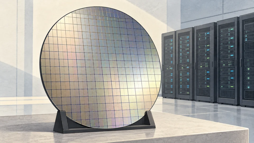 サーバーラックを背景に、台座に立てて展示されたXeon 6+を表す無標記のシリコンウエハーを描いた編集イラスト。