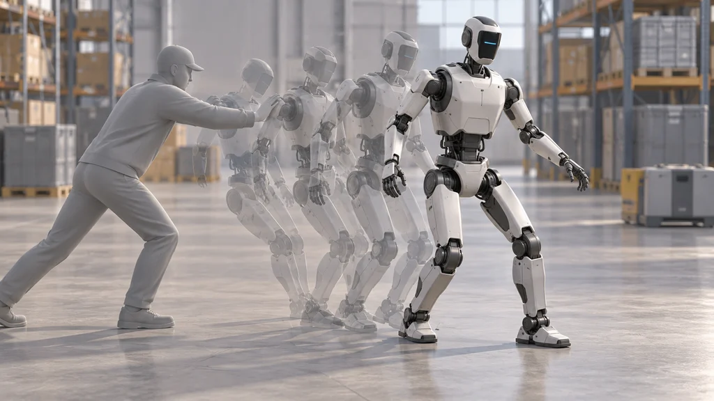 仮想倉庫で押された後に踏み直して姿勢を保つ人型ロボットの動作イラスト