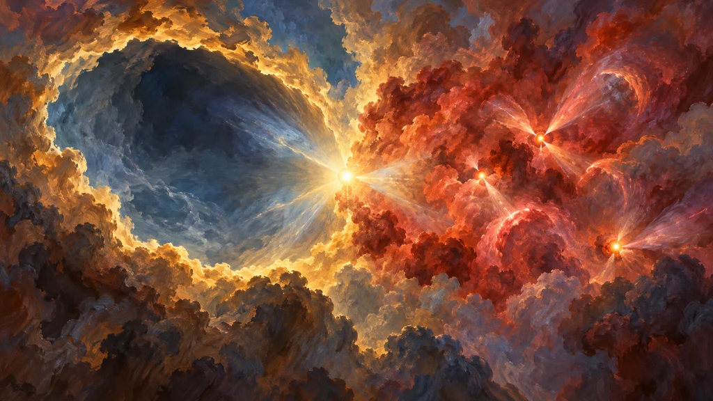 NGC 7129の星形成雲を描いた編集イラスト。中央付近の若い星の左には金色に縁取られた大きな空洞が広がり、右側の赤いガス塊では複数の原始星の噴出流が周囲の雲と交差している。