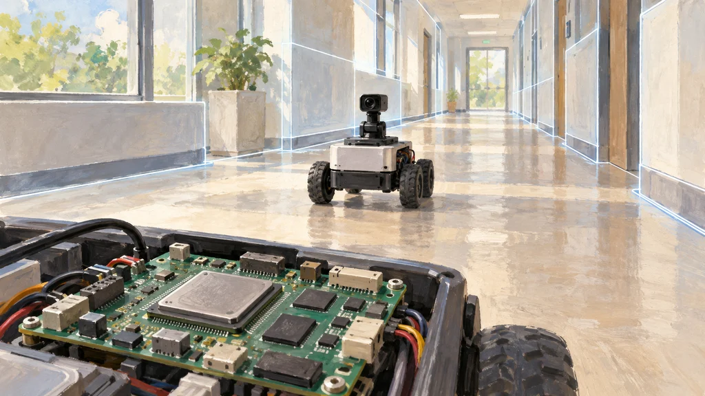 明るい廊下をカメラで捉える小型移動ロボットと、手前に描かれた汎用プロセッサー搭載基板。壁や床の輪郭線がVisual SLAMによる空間把握を示す。