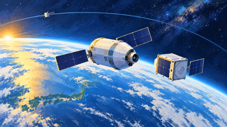 地球の縁を背景に、軌道間輸送機が衛星へ接近する様子を描いた編集イラスト。遠方には別の軌道を示す線と衛星が見える。