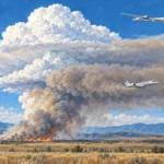 アイダホ州の草地火災から立ち上がる火災積乱雲の煙の中を飛ぶ観測機と、上空から観測する航空機、地上の観測車を描いた編集イラスト。