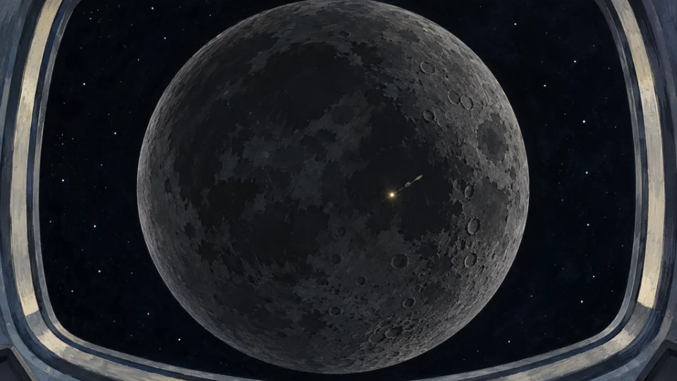 宇宙船の窓越しに見た皆既日食中の月。暗い月面に小さな岩片が近づき、針先ほどの淡い光を放っている。