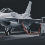 格納庫内のF-16試験機と既存の飛行制御系へ接続する自律操縦キットを描いた技術イラスト