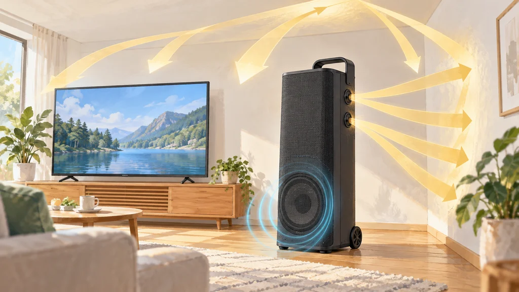 テレビの横に立つ大型ポータブルスピーカー。背面の高音ユニットから出た音が壁や天井に反射して広がり、前面の大口径ウーファーが低音を補強する仕組みを描いたイラスト。