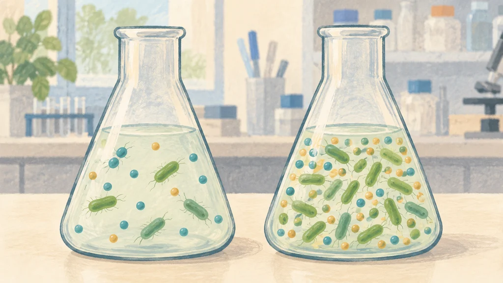 培養フラスコを左右に並べた水彩調の科学イラスト。栄養粒子の一種が少なく細菌がまばらな条件と、栄養粒子が多く細菌が増えた条件を対比している。