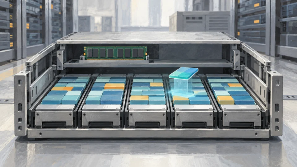 サーバー筐体のSSD群に抽象的なベクトルデータが並び、その一部を検索対象として取り出す構成。上段には小さなDRAMモジュールが描かれている。