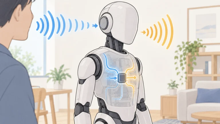 人型ロボットが音声を受け取り、機体内のプロセッサーで処理して応答する様子