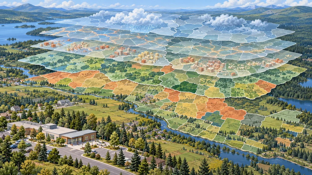 米加国境付近の地域区画に道路や建物、雲と雨の地理情報レイヤーが重なり、手前に地域保健施設を配した編集イラスト。