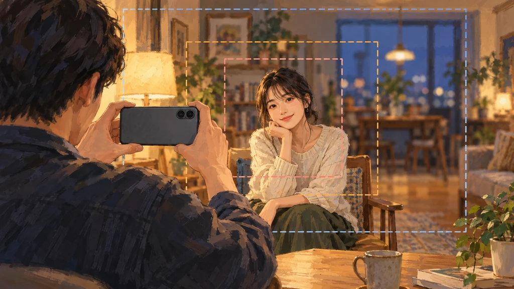 絵筆の質感を残した室内のポートレート撮影イラスト。手前の人物が2眼カメラのスマートフォンを構え、椅子に座る人物に向けている。被写体の顔は鮮明で、奥の室内は距離に応じてなめらかにぼけ、3つの画角を示す枠が重なる。