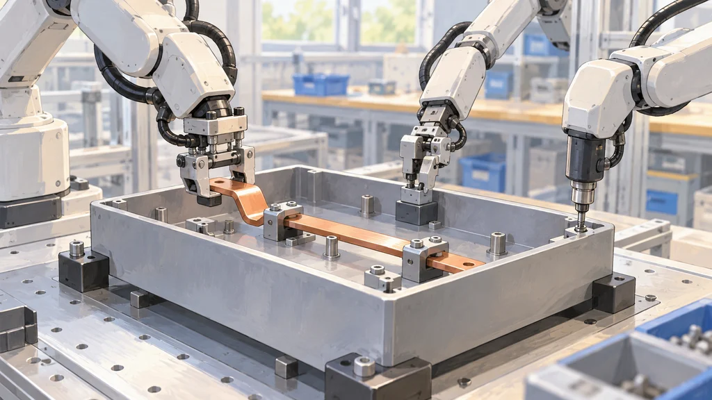 3本の産業用ロボットアームが作業台上の検査用トレイを囲み、銅色のバスバーを位置合わせして挿入しながら、別のアームがねじ締めを進める編集イラスト。