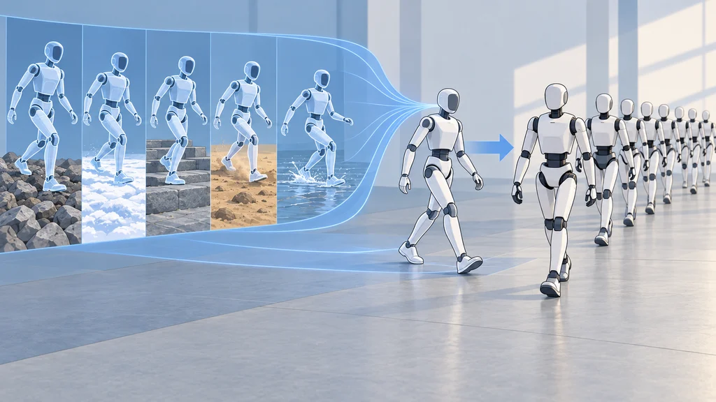 異なる地面条件で学習した歩行方策が、同じ制御で動く人型ロボット群へ移る様子