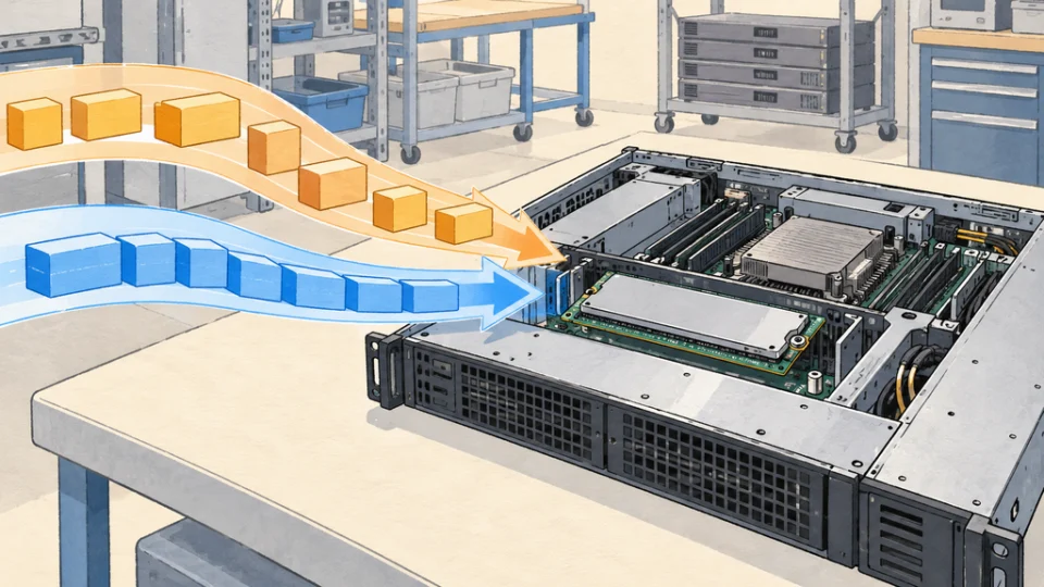 技術試験用の作業台に置かれた開放型サーバーと、内部に装着された汎用フラッシュストレージモジュール。左から青と橙のデータブロックの流れがサーバーへ入り、データベースソフトウェアの改良前後を示す編集イラスト。