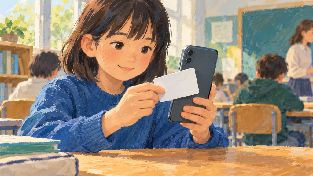 学習机で児童が無地のICカード型ウォレットをスマートフォンの背面にかざし、受講実績を証明する操作を示すイラスト。