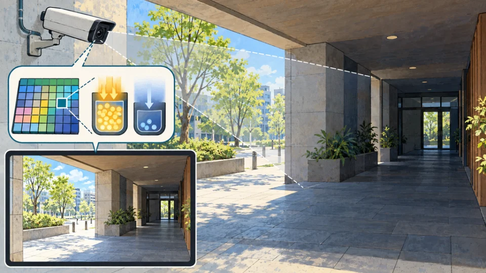 明るい屋外と暗い建物の通路を同時に捉える監視カメラと、画素の電荷蓄積を概念的に示す拡大図。