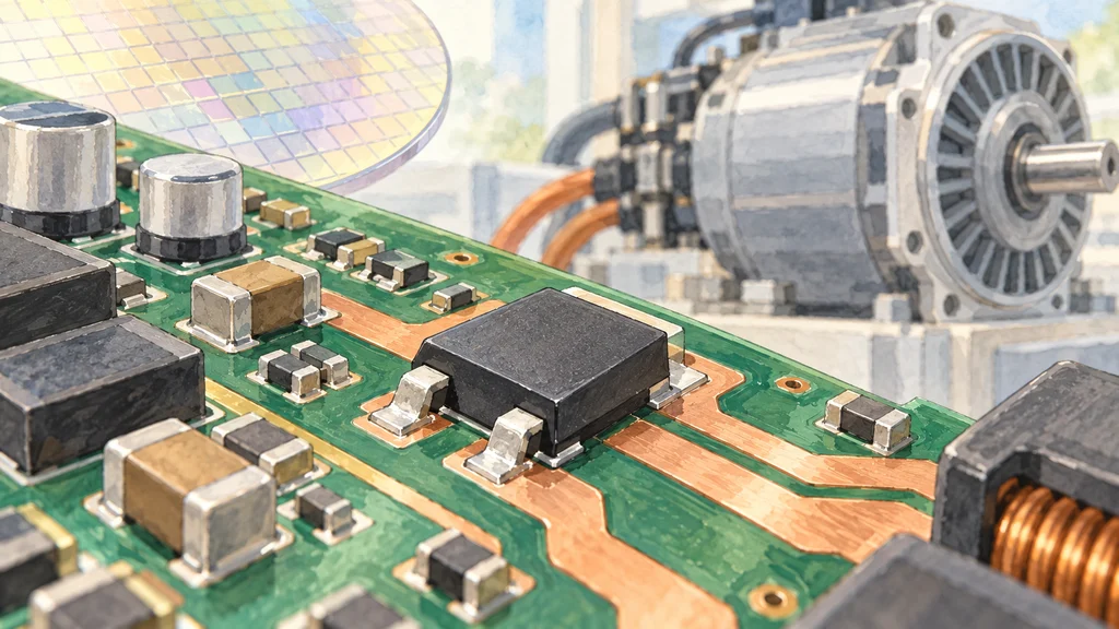 モーター制御用の基板に実装された汎用パワー半導体を主役に、背景にシリコンウエハーとモーターを描いた編集イラスト。