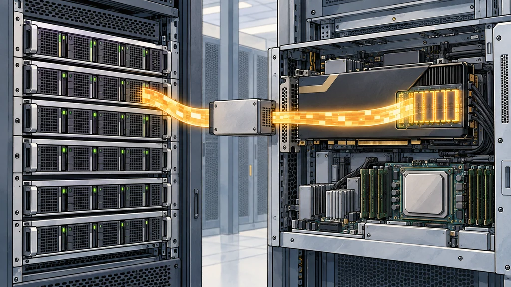 左のNVMeストレージから中央のアダプターを経て、右のサーバー内にあるGPUメモリーへつながるデータ経路。CPUは経路の外に描かれている。