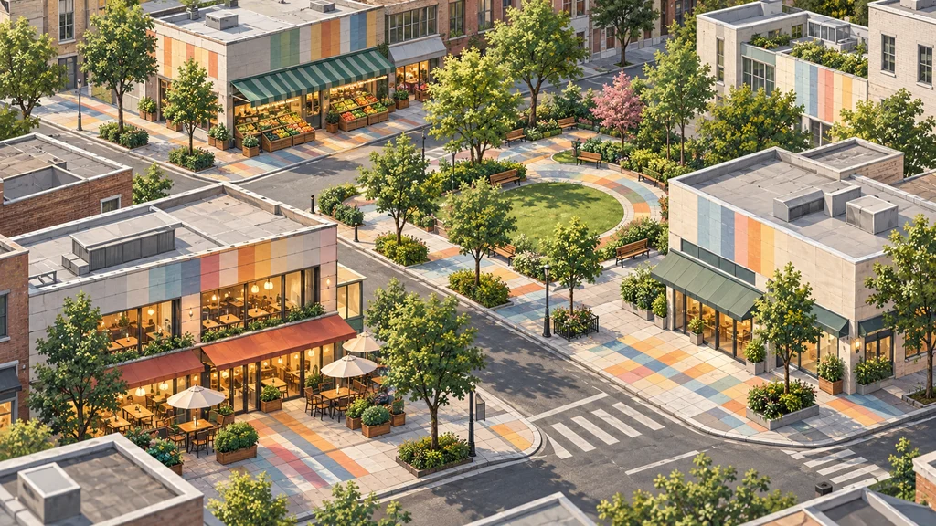 明るい街区を斜め上から描いたイラスト。飲食店や市場、公園の舗道や建物に色の帯が繰り返し現れ、近くの店舗にも同じ模様が見える。