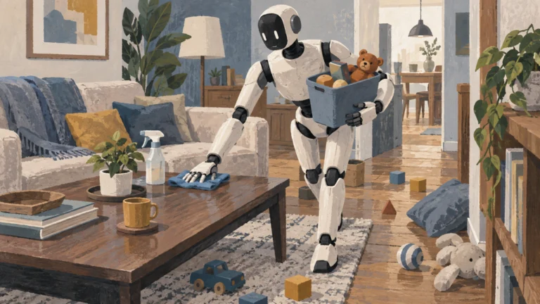 狭い居室を歩きながらテーブルを拭き、容器で散乱物を集める人型ロボット