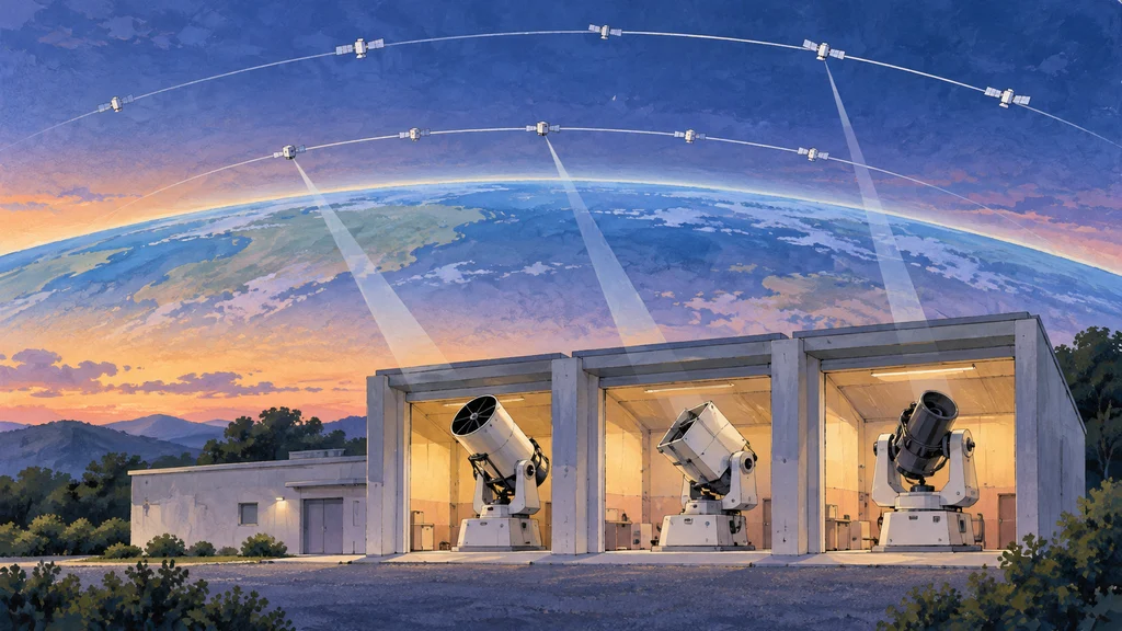 夕暮れの空を背景に、3基の光学望遠鏡を備える計画中の共用観測所を描いたイラスト。上空には高度の異なる軌道と小さな衛星が示され、静止軌道・低軌道の観測を表している。